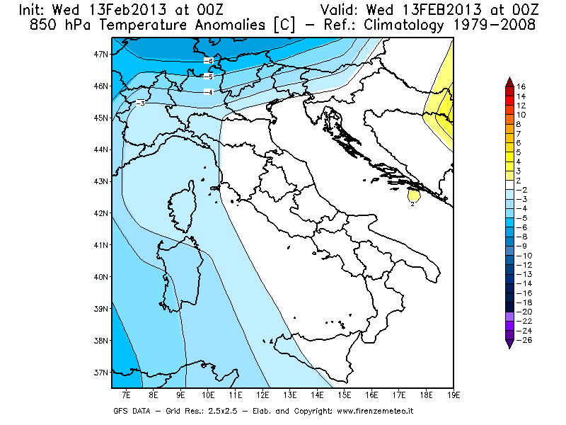 Mappa di analisi GFS - Anomalia Temperatura [°C] a 850 hPa in Italia
							del 13/02/2013 00 <!--googleoff: index-->UTC<!--googleon: index-->