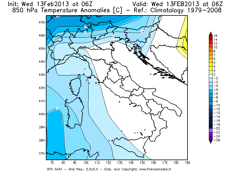 Mappa di analisi GFS - Anomalia Temperatura [°C] a 850 hPa in Italia
							del 13/02/2013 06 <!--googleoff: index-->UTC<!--googleon: index-->