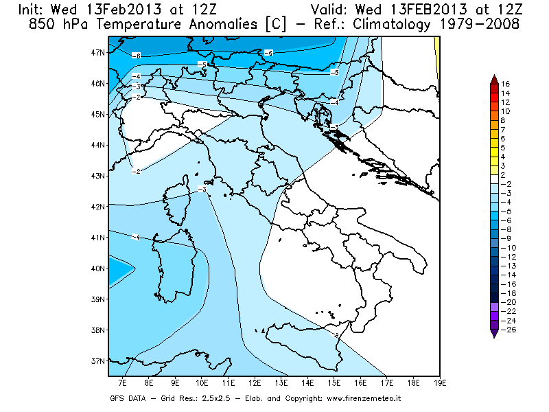 Mappa di analisi GFS - Anomalia Temperatura [°C] a 850 hPa in Italia
							del 13/02/2013 12 <!--googleoff: index-->UTC<!--googleon: index-->