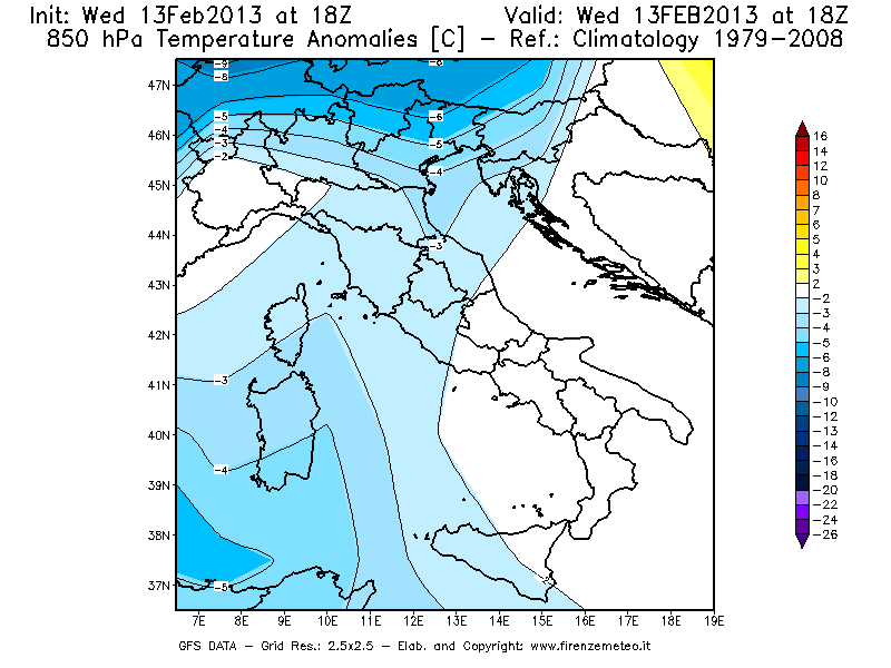 Mappa di analisi GFS - Anomalia Temperatura [°C] a 850 hPa in Italia
							del 13/02/2013 18 <!--googleoff: index-->UTC<!--googleon: index-->