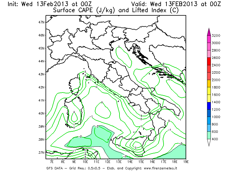 Mappa di analisi GFS - CAPE [J/kg] e Lifted Index [°C] in Italia
							del 13/02/2013 00 <!--googleoff: index-->UTC<!--googleon: index-->