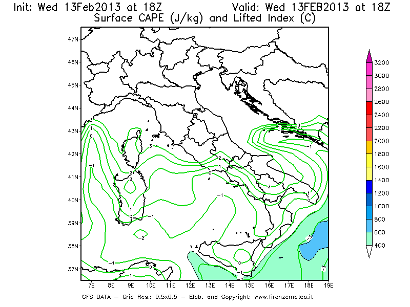 Mappa di analisi GFS - CAPE [J/kg] e Lifted Index [°C] in Italia
							del 13/02/2013 18 <!--googleoff: index-->UTC<!--googleon: index-->