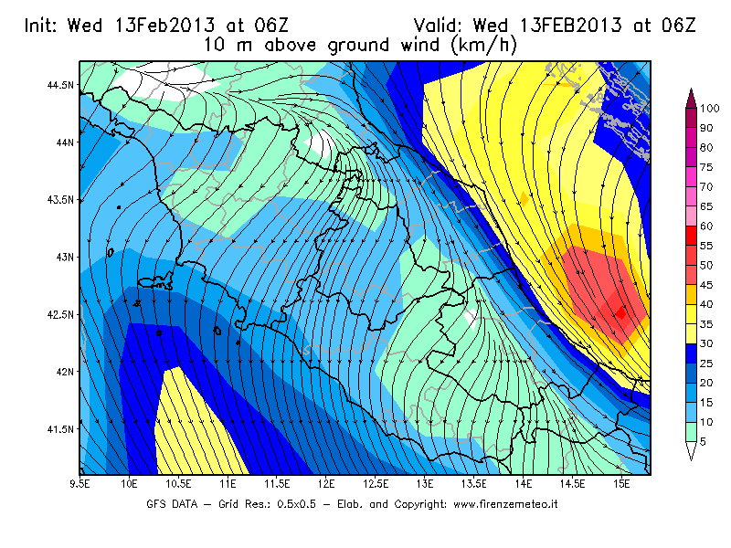 Mappa di analisi GFS - Velocità del vento a 10 metri dal suolo [km/h] in Centro-Italia
							del 13/02/2013 06 <!--googleoff: index-->UTC<!--googleon: index-->