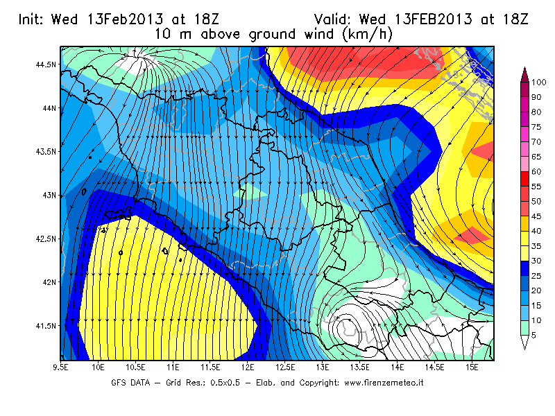 Mappa di analisi GFS - Velocità del vento a 10 metri dal suolo [km/h] in Centro-Italia
							del 13/02/2013 18 <!--googleoff: index-->UTC<!--googleon: index-->