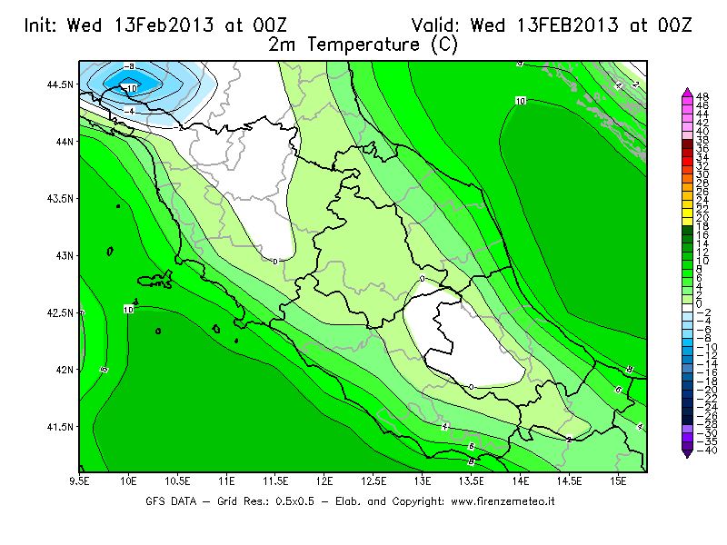 Mappa di analisi GFS - Temperatura a 2 metri dal suolo [°C] in Centro-Italia
							del 13/02/2013 00 <!--googleoff: index-->UTC<!--googleon: index-->