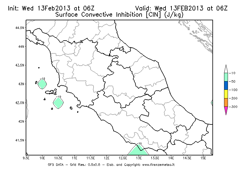Mappa di analisi GFS - CIN [J/kg] in Centro-Italia
							del 13/02/2013 06 <!--googleoff: index-->UTC<!--googleon: index-->