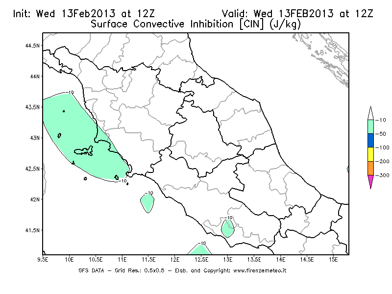 Mappa di analisi GFS - CIN [J/kg] in Centro-Italia
							del 13/02/2013 12 <!--googleoff: index-->UTC<!--googleon: index-->