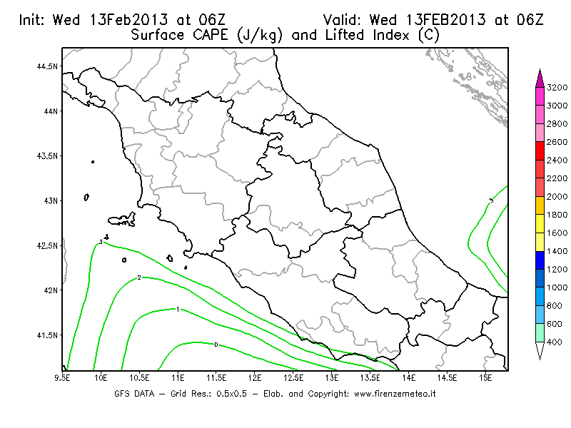 Mappa di analisi GFS - CAPE [J/kg] e Lifted Index [°C] in Centro-Italia
							del 13/02/2013 06 <!--googleoff: index-->UTC<!--googleon: index-->