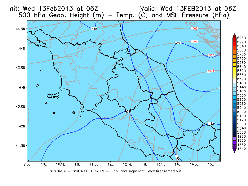 Mappa di analisi GFS - Geopotenziale [m] + Temp. [°C] a 500 hPa + Press. a livello del mare [hPa] in Centro-Italia
							del 13/02/2013 06 <!--googleoff: index-->UTC<!--googleon: index-->