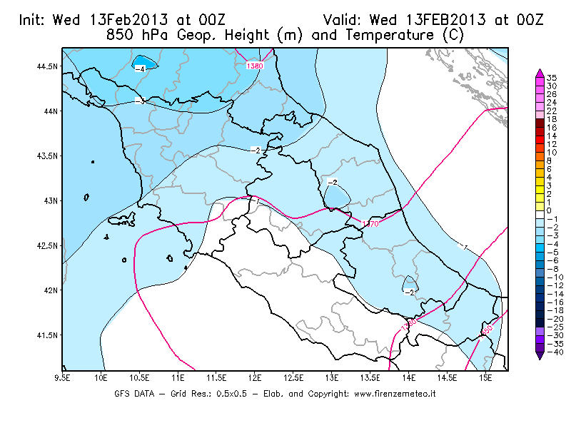 Mappa di analisi GFS - Geopotenziale [m] e Temperatura [°C] a 850 hPa in Centro-Italia
							del 13/02/2013 00 <!--googleoff: index-->UTC<!--googleon: index-->