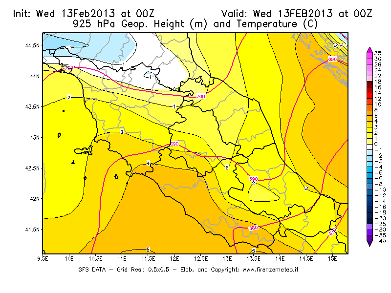 Mappa di analisi GFS - Geopotenziale [m] e Temperatura [°C] a 925 hPa in Centro-Italia
							del 13/02/2013 00 <!--googleoff: index-->UTC<!--googleon: index-->
