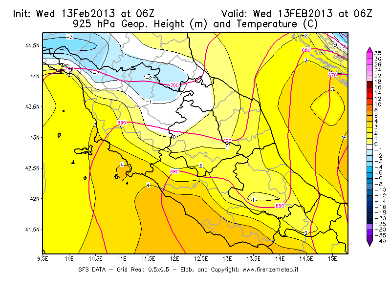 Mappa di analisi GFS - Geopotenziale [m] e Temperatura [°C] a 925 hPa in Centro-Italia
							del 13/02/2013 06 <!--googleoff: index-->UTC<!--googleon: index-->
