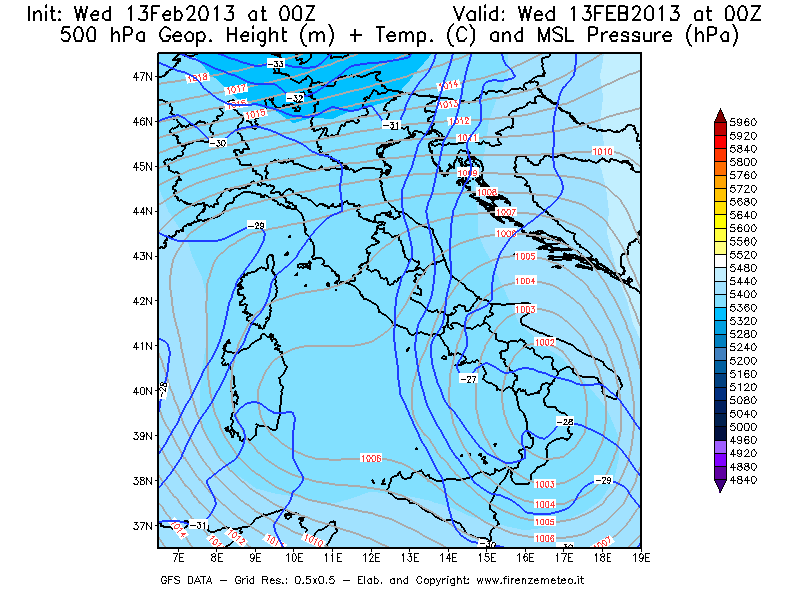 Mappa di analisi GFS - Geopotenziale [m] + Temp. [°C] a 500 hPa + Press. a livello del mare [hPa] in Italia
							del 13/02/2013 00 <!--googleoff: index-->UTC<!--googleon: index-->