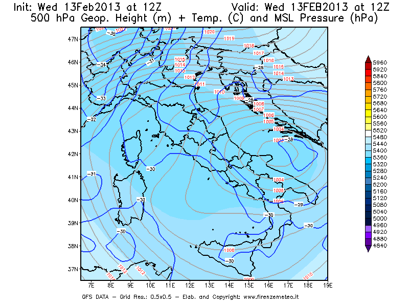 Mappa di analisi GFS - Geopotenziale [m] + Temp. [°C] a 500 hPa + Press. a livello del mare [hPa] in Italia
							del 13/02/2013 12 <!--googleoff: index-->UTC<!--googleon: index-->