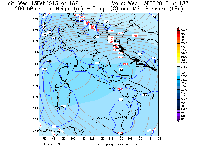 Mappa di analisi GFS - Geopotenziale [m] + Temp. [°C] a 500 hPa + Press. a livello del mare [hPa] in Italia
							del 13/02/2013 18 <!--googleoff: index-->UTC<!--googleon: index-->