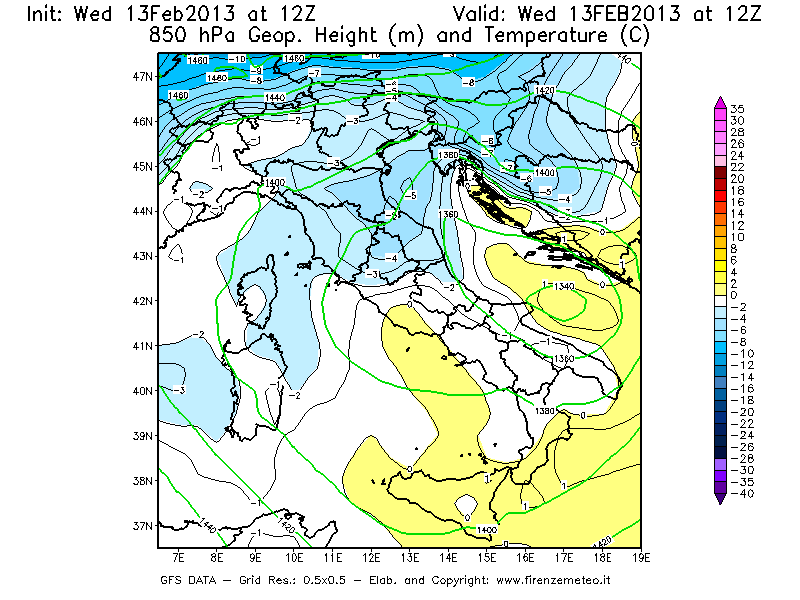 Mappa di analisi GFS - Geopotenziale [m] e Temperatura [°C] a 850 hPa in Italia
							del 13/02/2013 12 <!--googleoff: index-->UTC<!--googleon: index-->