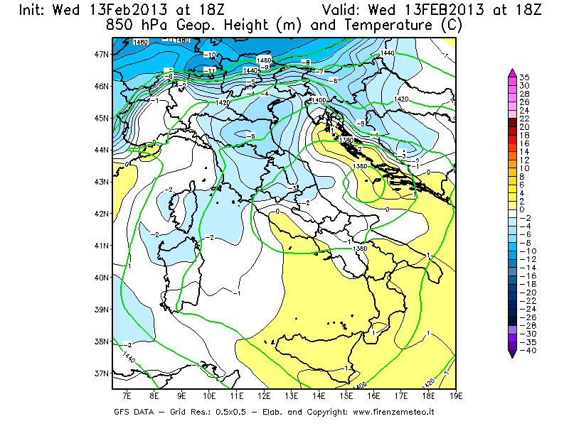 Mappa di analisi GFS - Geopotenziale [m] e Temperatura [°C] a 850 hPa in Italia
							del 13/02/2013 18 <!--googleoff: index-->UTC<!--googleon: index-->