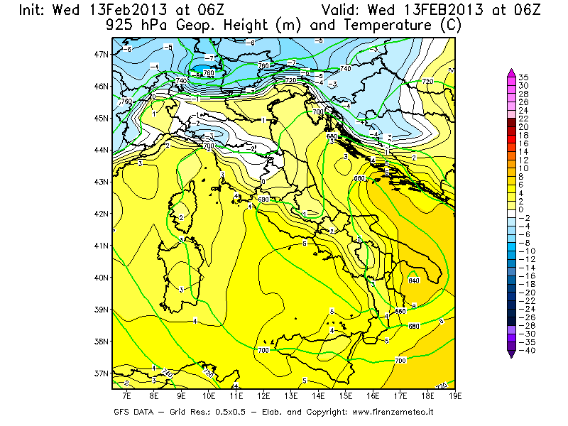 Mappa di analisi GFS - Geopotenziale [m] e Temperatura [°C] a 925 hPa in Italia
							del 13/02/2013 06 <!--googleoff: index-->UTC<!--googleon: index-->
