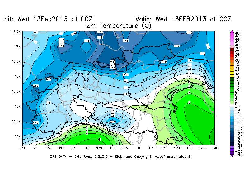 Mappa di analisi GFS - Temperatura a 2 metri dal suolo [°C] in Nord-Italia
							del 13/02/2013 00 <!--googleoff: index-->UTC<!--googleon: index-->