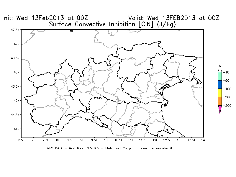 Mappa di analisi GFS - CIN [J/kg] in Nord-Italia
							del 13/02/2013 00 <!--googleoff: index-->UTC<!--googleon: index-->