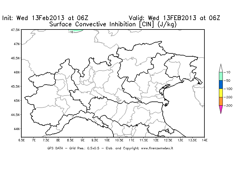 Mappa di analisi GFS - CIN [J/kg] in Nord-Italia
							del 13/02/2013 06 <!--googleoff: index-->UTC<!--googleon: index-->
