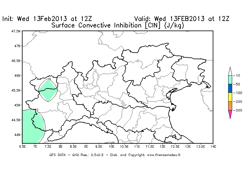Mappa di analisi GFS - CIN [J/kg] in Nord-Italia
							del 13/02/2013 12 <!--googleoff: index-->UTC<!--googleon: index-->
