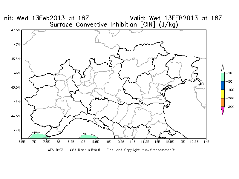 Mappa di analisi GFS - CIN [J/kg] in Nord-Italia
							del 13/02/2013 18 <!--googleoff: index-->UTC<!--googleon: index-->