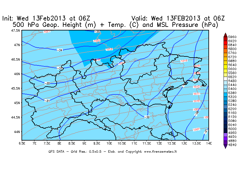 Mappa di analisi GFS - Geopotenziale [m] + Temp. [°C] a 500 hPa + Press. a livello del mare [hPa] in Nord-Italia
							del 13/02/2013 06 <!--googleoff: index-->UTC<!--googleon: index-->
