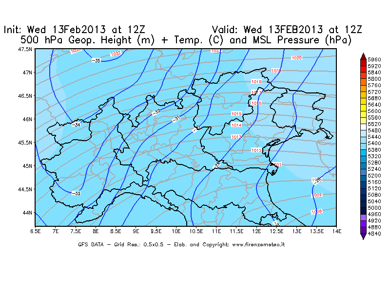 Mappa di analisi GFS - Geopotenziale [m] + Temp. [°C] a 500 hPa + Press. a livello del mare [hPa] in Nord-Italia
							del 13/02/2013 12 <!--googleoff: index-->UTC<!--googleon: index-->