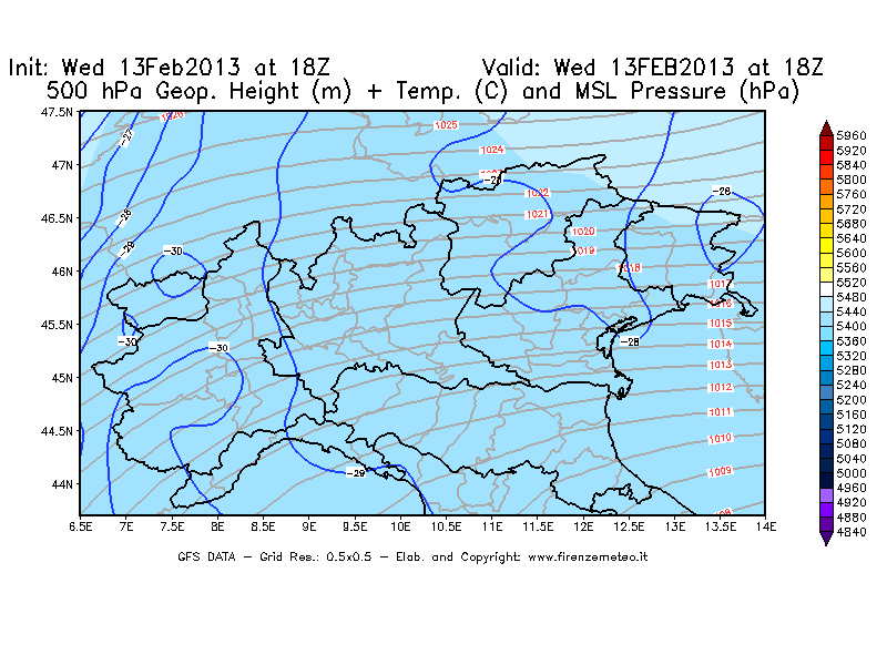 Mappa di analisi GFS - Geopotenziale [m] + Temp. [°C] a 500 hPa + Press. a livello del mare [hPa] in Nord-Italia
							del 13/02/2013 18 <!--googleoff: index-->UTC<!--googleon: index-->