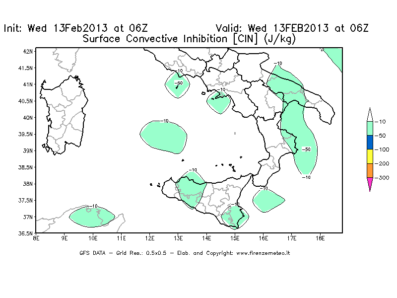 Mappa di analisi GFS - CIN [J/kg] in Sud-Italia
							del 13/02/2013 06 <!--googleoff: index-->UTC<!--googleon: index-->