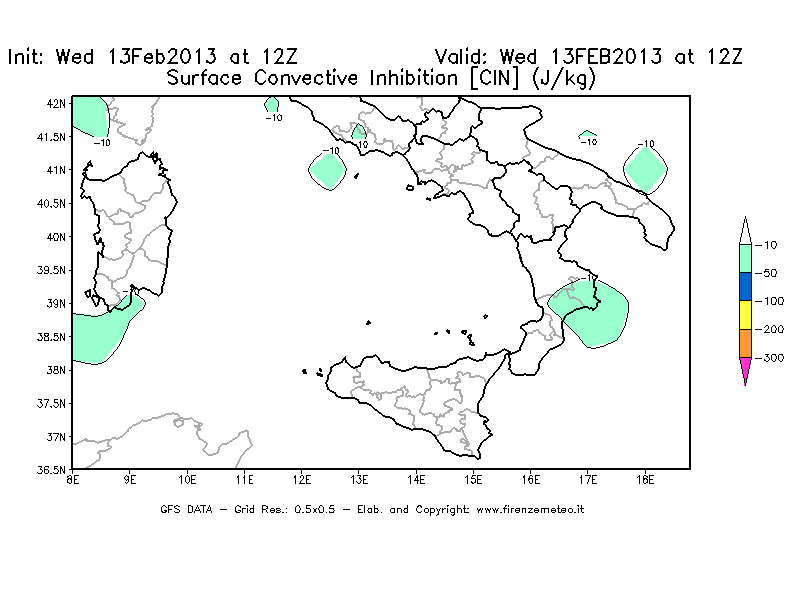 Mappa di analisi GFS - CIN [J/kg] in Sud-Italia
							del 13/02/2013 12 <!--googleoff: index-->UTC<!--googleon: index-->