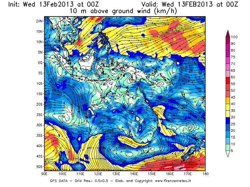 Mappa di analisi GFS - Velocità del vento a 10 metri dal suolo [km/h] in Oceania
							del 13/02/2013 00 <!--googleoff: index-->UTC<!--googleon: index-->