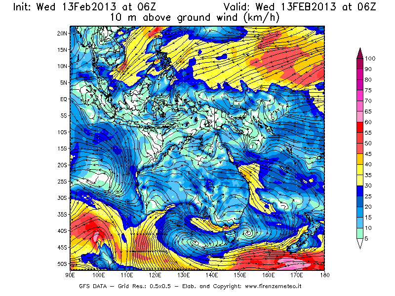 Mappa di analisi GFS - Velocità del vento a 10 metri dal suolo [km/h] in Oceania
							del 13/02/2013 06 <!--googleoff: index-->UTC<!--googleon: index-->