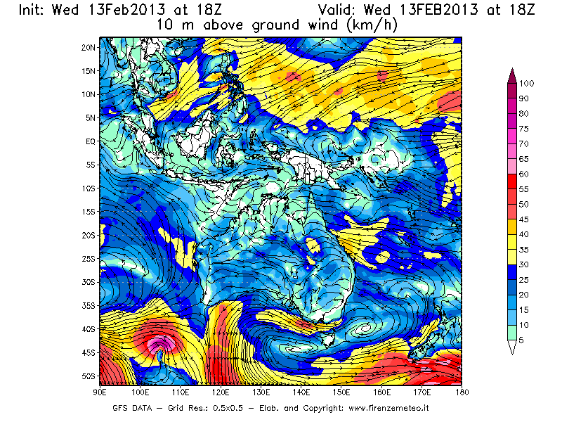 Mappa di analisi GFS - Velocità del vento a 10 metri dal suolo [km/h] in Oceania
							del 13/02/2013 18 <!--googleoff: index-->UTC<!--googleon: index-->