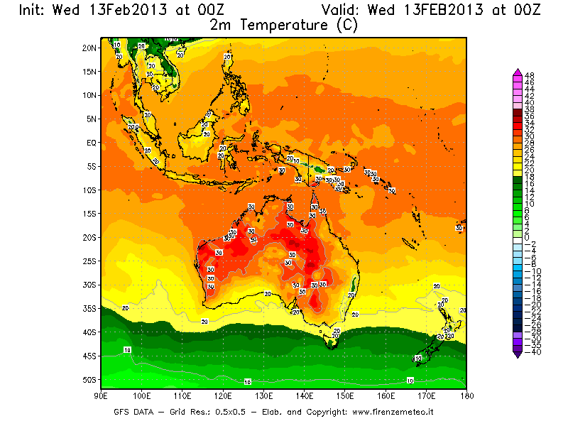 Mappa di analisi GFS - Temperatura a 2 metri dal suolo [°C] in Oceania
							del 13/02/2013 00 <!--googleoff: index-->UTC<!--googleon: index-->