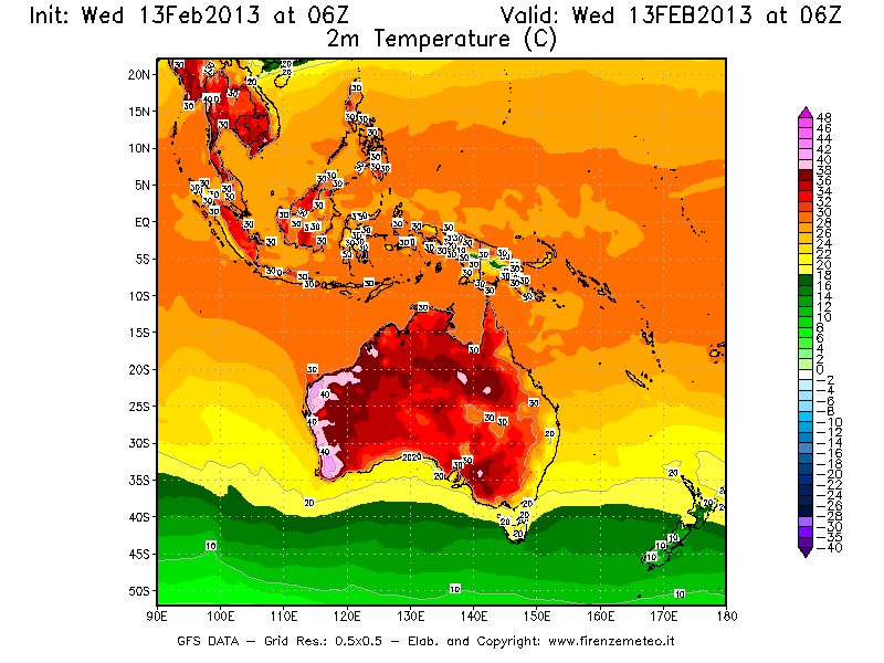 Mappa di analisi GFS - Temperatura a 2 metri dal suolo [°C] in Oceania
							del 13/02/2013 06 <!--googleoff: index-->UTC<!--googleon: index-->