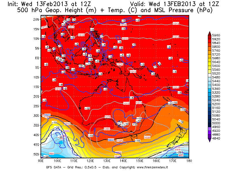 Mappa di analisi GFS - Geopotenziale [m] + Temp. [°C] a 500 hPa + Press. a livello del mare [hPa] in Oceania
							del 13/02/2013 12 <!--googleoff: index-->UTC<!--googleon: index-->