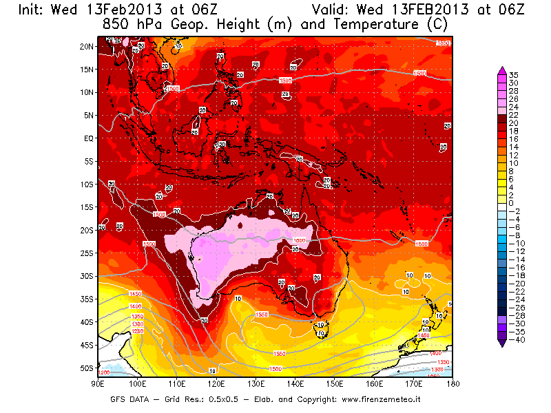 Mappa di analisi GFS - Geopotenziale [m] e Temperatura [°C] a 850 hPa in Oceania
							del 13/02/2013 06 <!--googleoff: index-->UTC<!--googleon: index-->