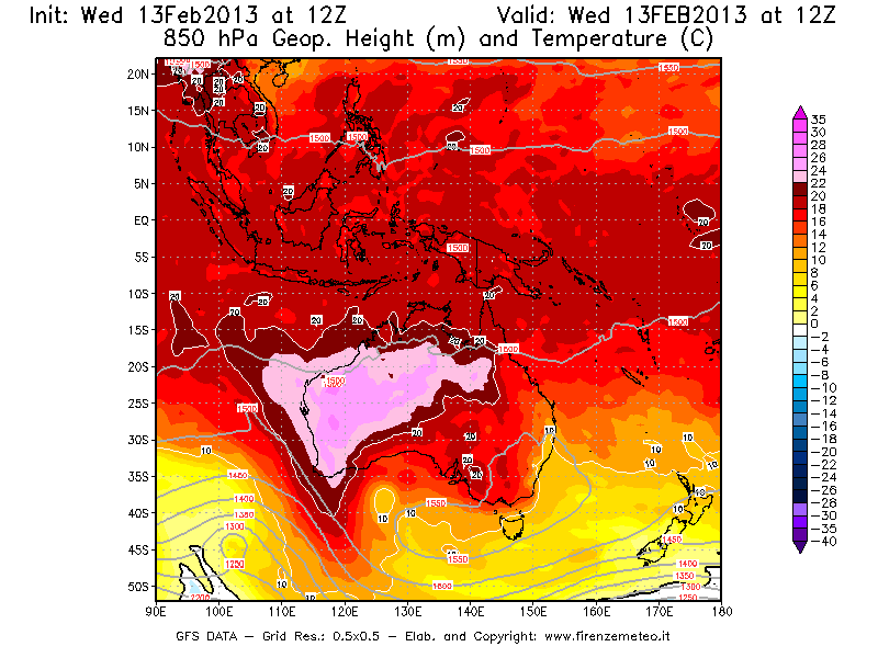 Mappa di analisi GFS - Geopotenziale [m] e Temperatura [°C] a 850 hPa in Oceania
							del 13/02/2013 12 <!--googleoff: index-->UTC<!--googleon: index-->
