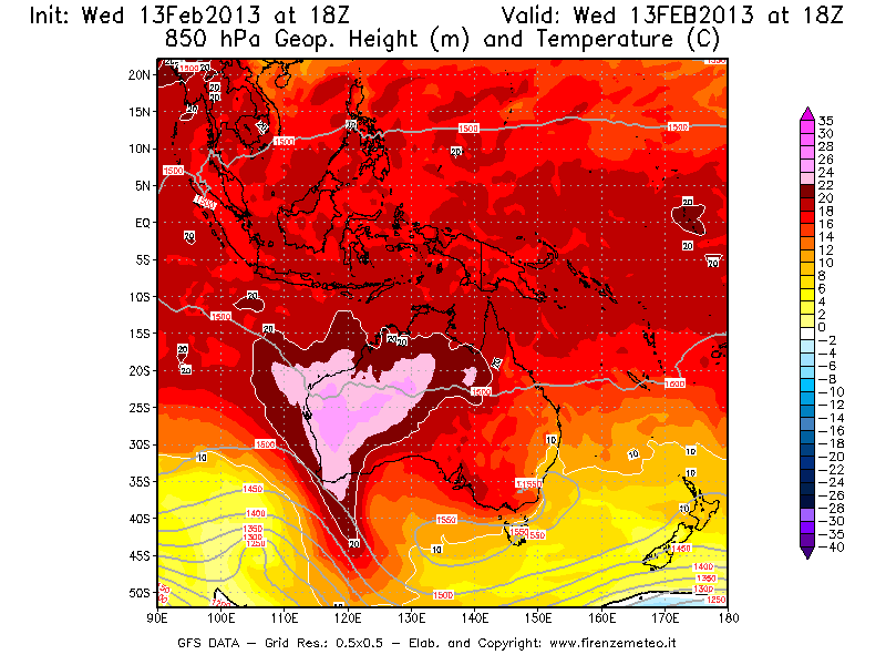Mappa di analisi GFS - Geopotenziale [m] e Temperatura [°C] a 850 hPa in Oceania
							del 13/02/2013 18 <!--googleoff: index-->UTC<!--googleon: index-->