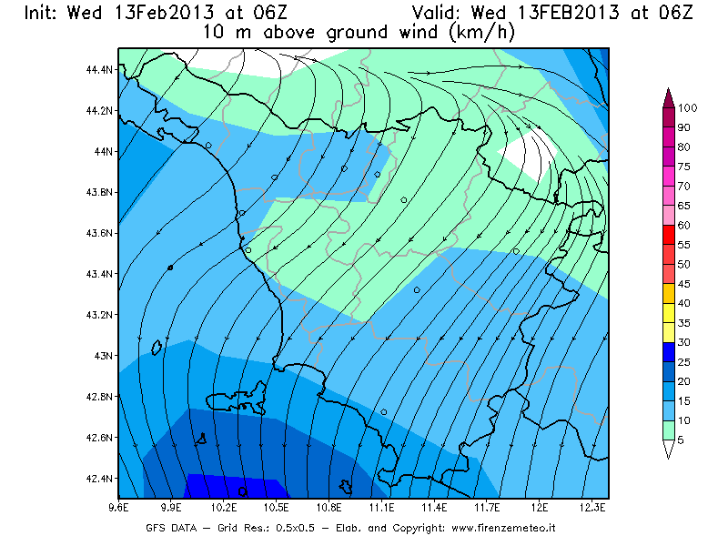 Mappa di analisi GFS - Velocità del vento a 10 metri dal suolo [km/h] in Toscana
							del 13/02/2013 06 <!--googleoff: index-->UTC<!--googleon: index-->