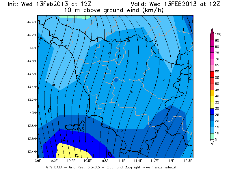 Mappa di analisi GFS - Velocità del vento a 10 metri dal suolo [km/h] in Toscana
							del 13/02/2013 12 <!--googleoff: index-->UTC<!--googleon: index-->