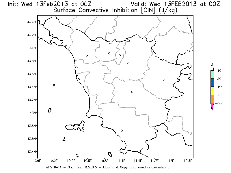 Mappa di analisi GFS - CIN [J/kg] in Toscana
							del 13/02/2013 00 <!--googleoff: index-->UTC<!--googleon: index-->