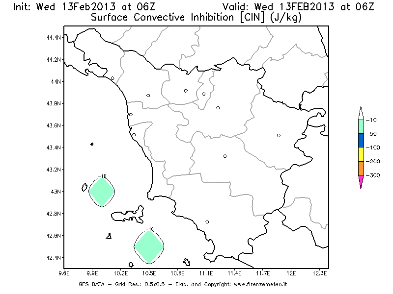 Mappa di analisi GFS - CIN [J/kg] in Toscana
							del 13/02/2013 06 <!--googleoff: index-->UTC<!--googleon: index-->