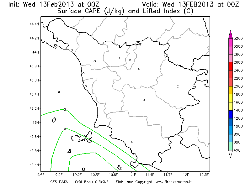 Mappa di analisi GFS - CAPE [J/kg] e Lifted Index [°C] in Toscana
							del 13/02/2013 00 <!--googleoff: index-->UTC<!--googleon: index-->