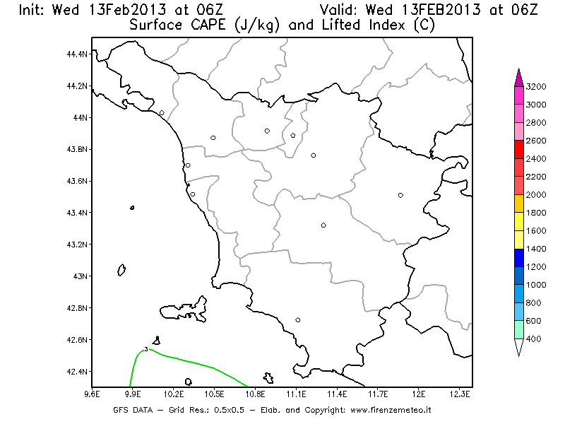 Mappa di analisi GFS - CAPE [J/kg] e Lifted Index [°C] in Toscana
							del 13/02/2013 06 <!--googleoff: index-->UTC<!--googleon: index-->