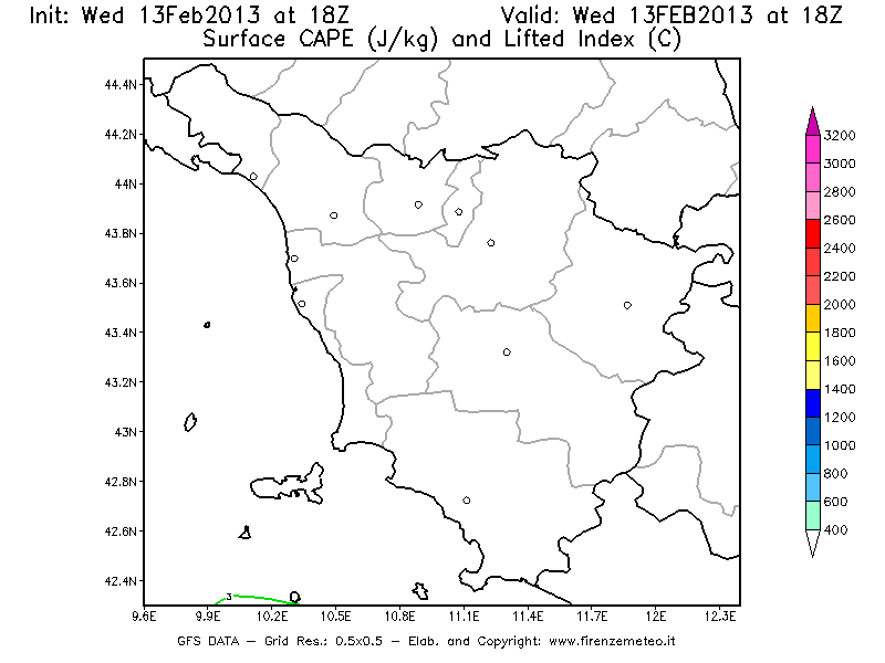 Mappa di analisi GFS - CAPE [J/kg] e Lifted Index [°C] in Toscana
							del 13/02/2013 18 <!--googleoff: index-->UTC<!--googleon: index-->