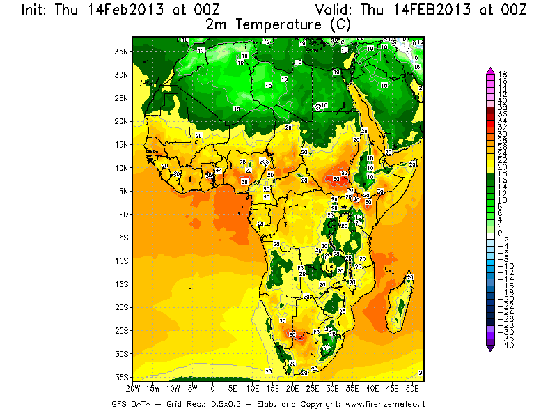 Mappa di analisi GFS - Temperatura a 2 metri dal suolo [°C] in Africa
							del 14/02/2013 00 <!--googleoff: index-->UTC<!--googleon: index-->