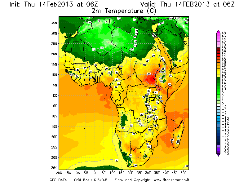 Mappa di analisi GFS - Temperatura a 2 metri dal suolo [°C] in Africa
									del 14/02/2013 06 <!--googleoff: index-->UTC<!--googleon: index-->